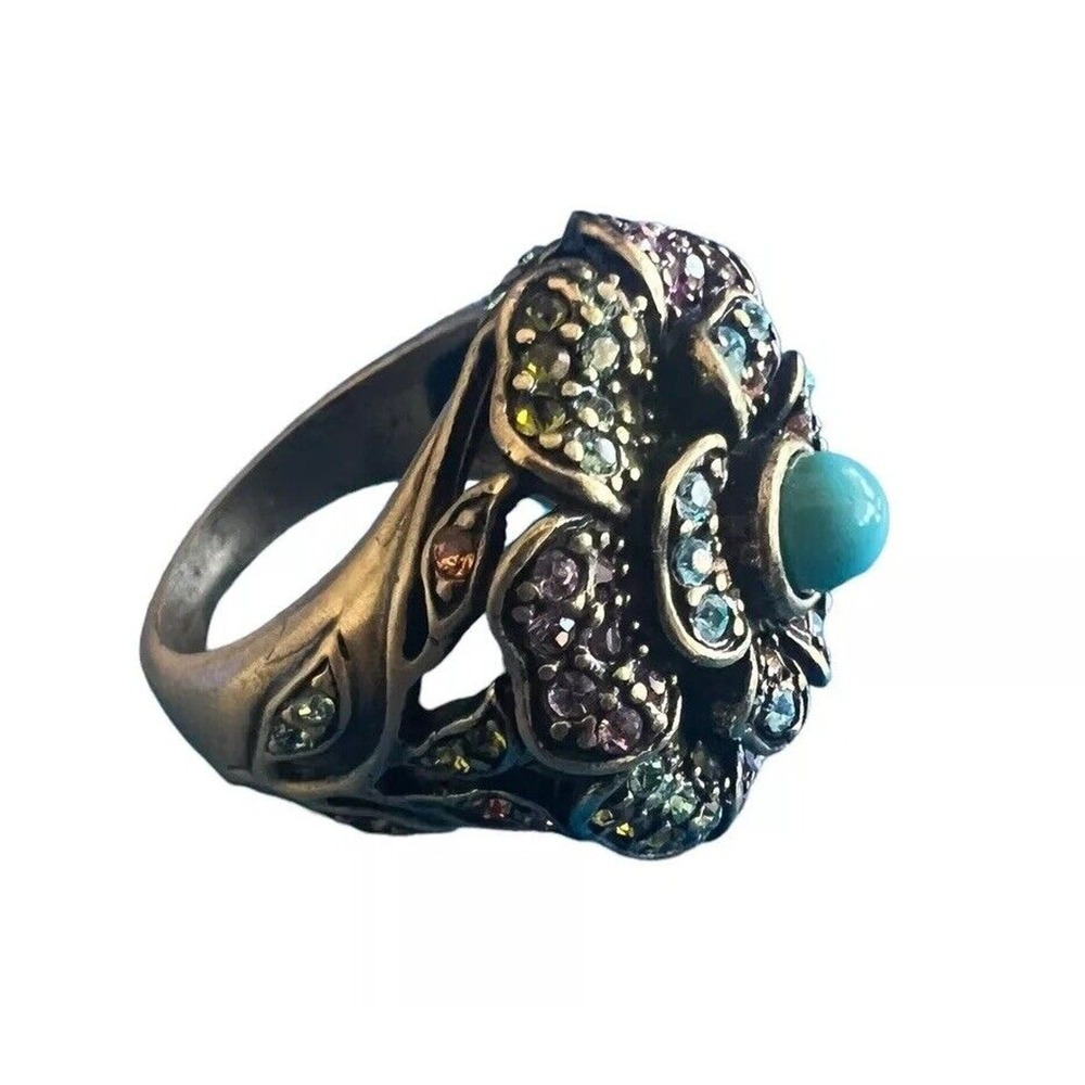 Betsey Johnson Multi Color Crystal Flower Statement Ring Turquoise Size 7.5